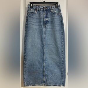 &Denim Midi Distressed Zippered Back Slit Hippie Boho Blue Jean Skirt Size XS